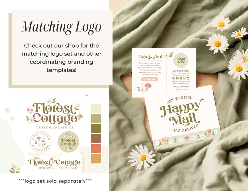 May include: A set of printable cards with a floral design and the text "Florest Cottage Custom Creations" and "Get Excited Happy Mail Has Arrived". The cards are on a green fabric background with white daisies.