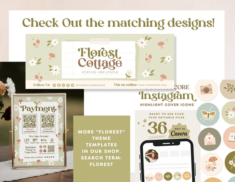 May include: A set of 36 Instagram highlight cover icons featuring a floral cottage theme. The icons are ready to use and editable in Canva. The icons feature a variety of designs, including flowers, mushrooms, butterflies, and a camera. The text "Florest Cottage" is featured on the top of the image.