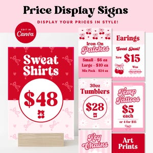 Placas de preço para impressão DIY Coquette Cherries Canva Template, Placa de loja pop-up editável, Placa de loja moderna, Cartões de exibição de preço de mercado Cheri