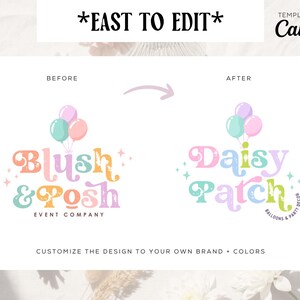 May include: A digital graphic design template for Canva featuring two logo examples with balloons and star accents. The left logo reads Blush & Posh Event Company, and the right logo reads Daisy Patch Balloons & Party Decor, both in a retro font.