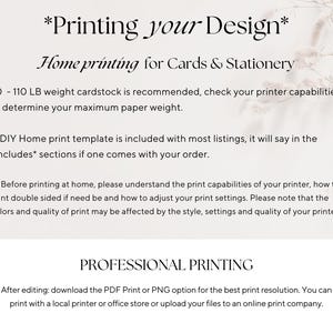 Peut inclure: Texte sur fond cr&egrave;me : "Printing your Design" et "Home printing for Cards & Stationery". Recommandations de grammage de papier et instructions pour l'impression &agrave; domicile et professionnelle, avec options PDF et PNG.