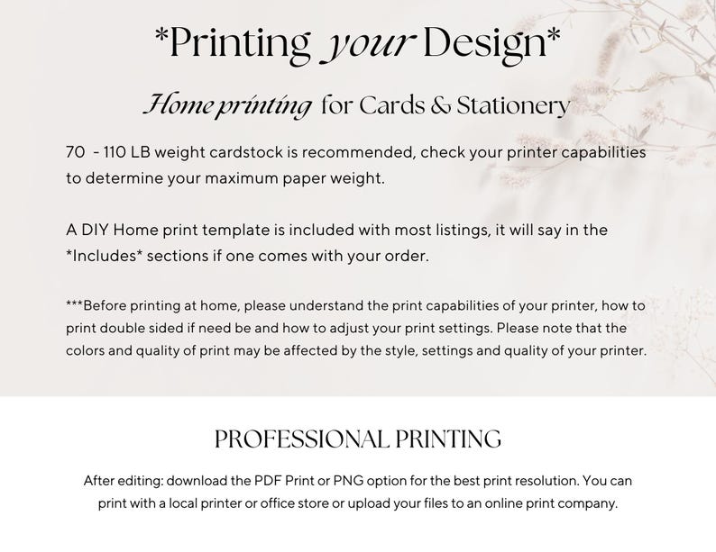 Peut inclure: Texte sur fond cr&egrave;me : "Printing your Design" et "Home printing for Cards & Stationery". Recommandations de grammage de papier et instructions pour l'impression &agrave; domicile et professionnelle, avec options PDF et PNG.