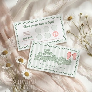 Coquette Loyalty Card Canva Template | Editable Punch Card | Bow Business Card | Pastel Green Rewards Card | 6 8 10 Visit Loyalty Card, lexi