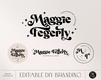 Editable DIY Starry Retro Boho Logo design Instant Download, Modern Celestial Logo, Blogger logo, Boutique Photography Logo Brand - Maggie