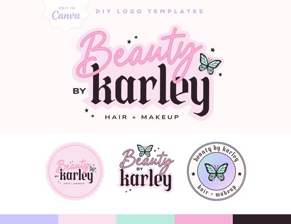 Gothic Beauty Aesthetic Logo Design for Salon, Celestial Butterfly Sparkles logo kit - Trendy Pink Retro Logo Branding Canva Template