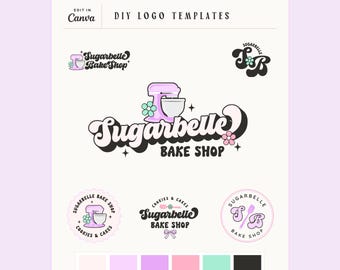 Retro Bakery Logo Template Kit Canva | Vintage Pastel Baking Logo Set | Editable Cookie & Cake Shop Branding | DIY Small Business Logo Misti