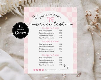 Coquette DIY Printable Price List Canva Template, Pink Editable Pricing Sheet, Salon Price List, Pricing Guide Sign, Market Price Sheet Silk