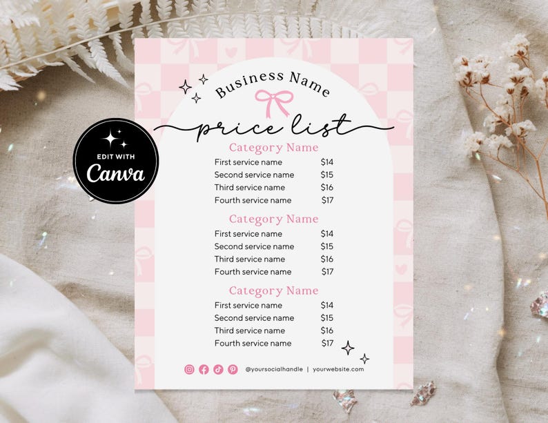 Coquette DIY Printable Price List Canva Template, Pink Editable Pricing ...