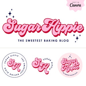 Editable Bright Retro Script Logo Design Set, Instant Download, DIY Canva Logo Template, Groovy sparkle Small Business Logo Brand Kit, Shuga