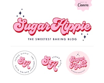 Edytowalny jasny zestaw projektów logo w stylu retro, natychmiastowe pobieranie, szablon logo Canva DIY, zestaw logo dla małych firm Groovy Sparkle, Shuga