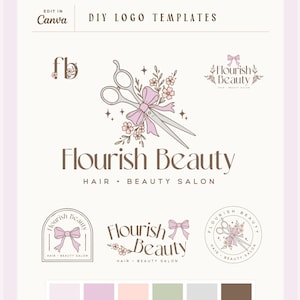 Floral Hair Stylist Logo Canva Template Set | Beauty Salon Branding Kit | Editable Scissors Logo Bundle | Feminine Bow Hairstylist DIY Logo