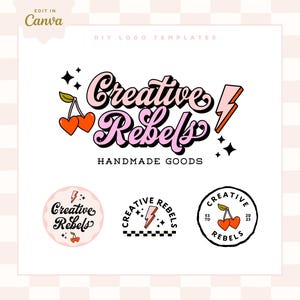 Puede incluir: Un fondo blanco presenta el texto "Creative Rebels" en una fuente retro, con ilustraciones de rayos y cerezas. Debajo se muestran tres variaciones de logotipo. También está presente el texto "HANDMADE GOODS". En la esquina superior izquierda se lee "EDIT IN Canva".
