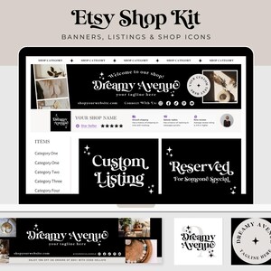 Editable Retro Etsy Shop Template Kit Canva, Modern Black and White ...