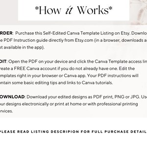 May include: A white background with the text "*How it Works*". The text details the process of purchasing, editing, and downloading a Canva template. Instructions include downloading a PDF guide, opening the PDF, and editing the templates.