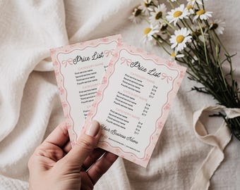 Cottagecore Price List Canva Template | Floral Service Menu Sign | Editable Coquette Pink Bow Price Sheet | 5x7 8x10 Menu Price sheet Calico