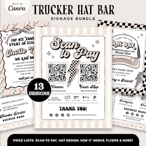 Trucker Hat Bar Schild Bundle Hut Pflege Karten, Pop-Up Event Beschilderung, bearbeitbare Hut Bar Anleitung Druckbare Preisliste Scan to Pay Schild, Bolt