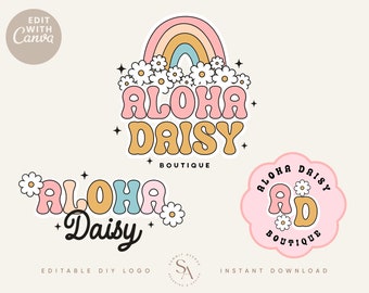 Editable Colorful Daisy Rainbow Logo design Instant Download, Premade DIY Boho 70s Rainbow Logo Kit, Etsy Shop Boutique Logo Brand - Aloha