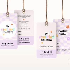 Retro Flower Editable Price Tag Canva Template, Check Printable Product Tags, Custom Clothing Hang Tag, Business Hang Tag Template, Soulkind