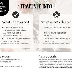 May include: A digital template information graphic featuring the text TEMPLATE INFO, what can you edit, and what is not editable. It lists editable features like fonts, colors, and text, and non-editable features like orientation and size, with file type details.
