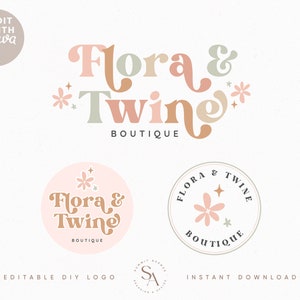 Editable Boho Floral design Instant Download, DIY Retro colorful sparkle Heart & stars Branding, Boutique Blog Photography Logo Set - Twine