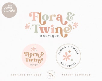 Editable Boho Floral design Instant Download, DIY Retro colorful sparkle Heart & stars Branding, Boutique Blog Photography Logo Set - Twine