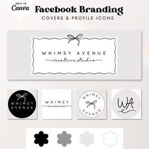 May include: A set of social media graphics for a business called "Whimsy Avenue Creative Studio". The graphics feature a simple black and white logo with a bow and the business name. There are four different versions of the logo, including a circular version with the full name, a rectangular version with just the name, a circular version with the initials "WA", and a simple text version with just the name.