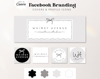 May include: A set of social media graphics for a business called "Whimsy Avenue Creative Studio". The graphics feature a simple black and white logo with a bow and the business name. There are four different versions of the logo, including a circular version with the full name, a rectangular version with just the name, a circular version with the initials "WA", and a simple text version with just the name.