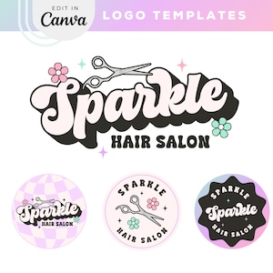 Editable Bright Retro Salon Logo Design Instant Download, DIY colorful Hair Stylist Logo Brand Kit, Sparkle Canva Logo template Set, Misti