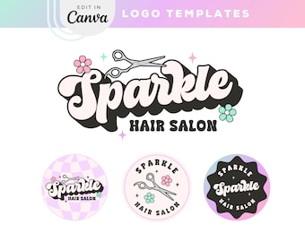 Editable Bright Retro Salon Logo Design Instant Download, DIY colorful Hair Stylist Logo Brand Kit, Sparkle Canva Logo template Set, Misti