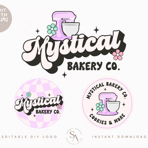 Editable Retro Bakery Logo Canva template Design Instant Download, DIY colorful Baking Logo Brand Kit, Fun Cookie Logo Set - misti