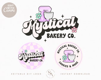 Bearbeitbare helle Retro Bäckerei Logo Design Sofort-Download, DIY bunte Backen Logo Brand Kit, Spaß Cookie Logo Set - Misti