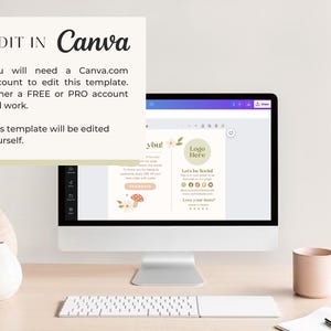May include: A computer screen displaying a Canva template for a social media post. The template features a floral design with a mushroom and the text "you!" and "Logo Here". The template also includes a section for social media links and a rating system.
