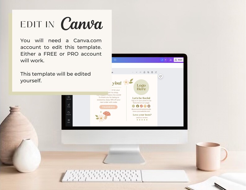 May include: A computer screen displaying a Canva template for a social media post. The template features a floral design with a mushroom and the text "you!" and "Logo Here". The template also includes a section for social media links and a rating system.