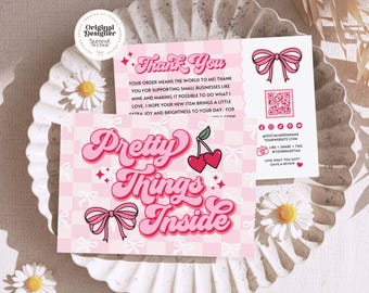 Coquette Thank You Card, Editable Customer Thank You Business Packaging, DIY Retro Cherry Hearts Thank You Insert QR Canva Template, Cheri
