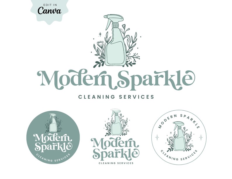 May include: A logo for a cleaning service called "Modern Sparkle". The logo features a stylized illustration of a spray bottle with flowers and leaves. The text "Modern Sparkle" is written in a decorative font and the words "Cleaning Services" are written below the logo.