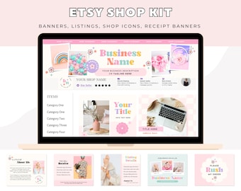 Etsy Shop Banner Template Canva Template, Retro DIY Etsy Shop Kit, Etsy Store Listing Design, Etsy Success Set Canva Templates, Becka