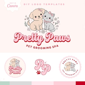 Retro Pet Grooming Logo Canva Template, Cute Coquette Aesthetic Pet Logo Design Template, DIY Dog and Cat Logo Canva Template Branding-Cheri