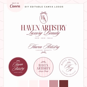 May include: A selection of editable Canva logos in shades of burgundy and pink. The logos display the text "Haven Artistry Luxury Beauty" in various styles, including circular and ribbon motifs. A colour palette is also shown.