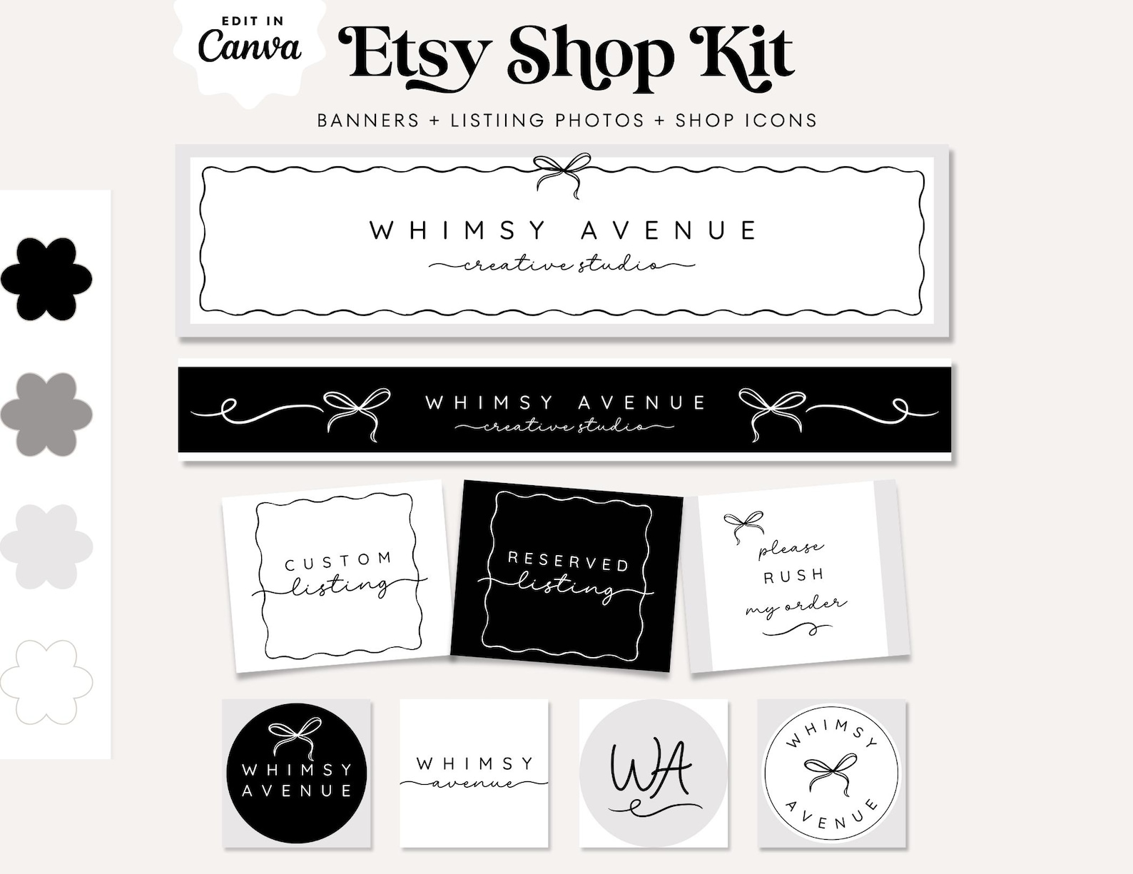 Editable Coquette Bow Etsy Shop Template Kit Canva, Black and White ...