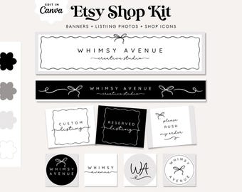 Editable Coquette Bow Etsy Shop Template Kit Canva, Black and White Etsy Shop Banners, Etsy Seller Template, DIY Etsy Store Branding, Beau