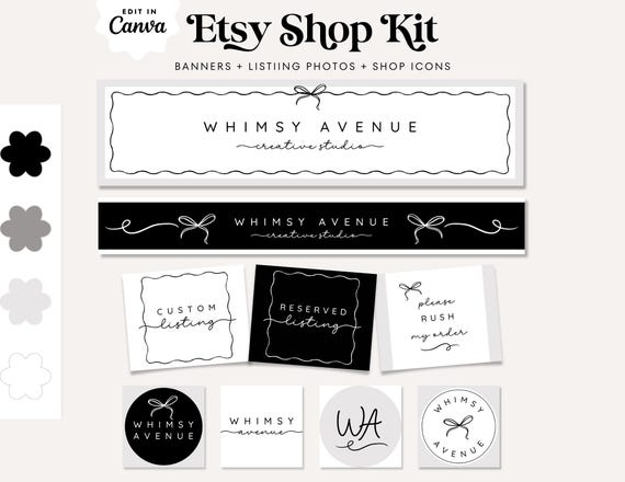 Editable Coquette Bow Etsy Shop Template Kit Canva, Black and White Etsy Shop Banners, Etsy Seller Template, DIY Etsy Store Branding, Beau