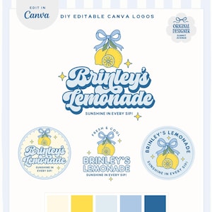 Coquette Aesthetic Logo Design Template, Cute Bow Retro Lemon Logo Canva Template - Trendy Lemonade Logo Branding Canva Template, LMN1