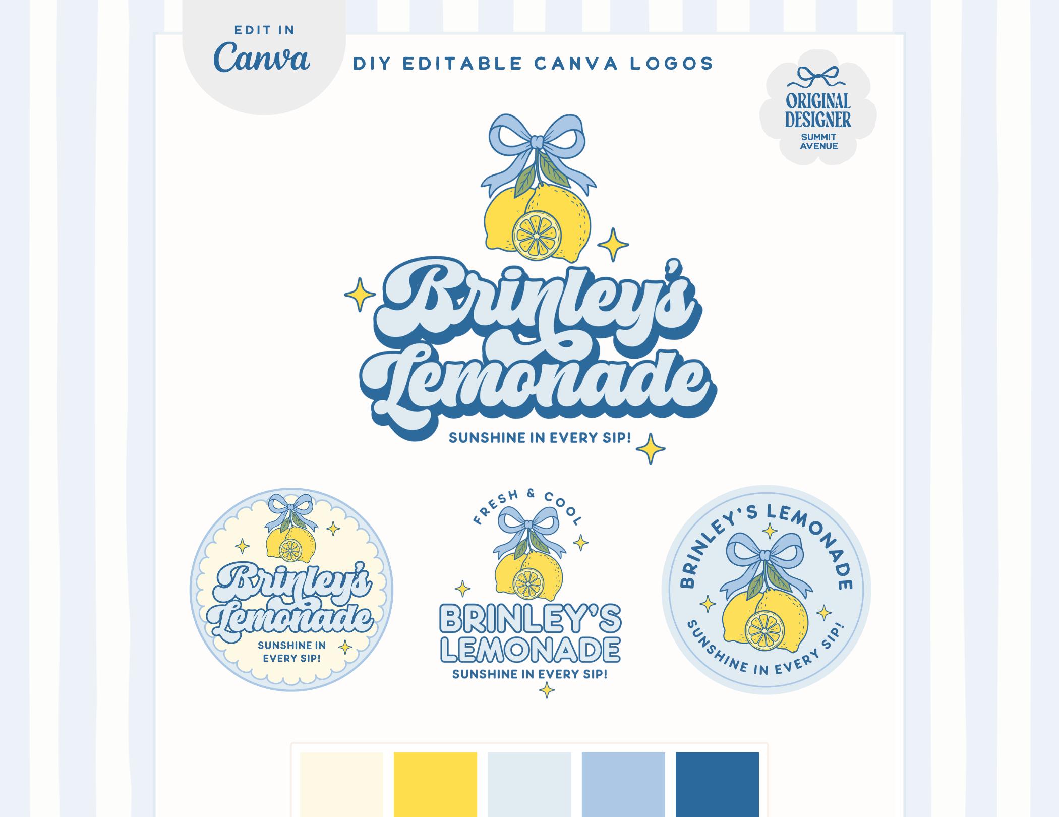 Coquette Aesthetic Logo Design Template, Cute Bow Retro Lemon Logo Canva Template - Trendy Lemonade Logo Branding Canva Template, LMN1