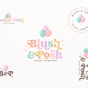 May include: A collection of Blush & Posh Event Company logos featuring pastel-colored balloons in mint, pink, and lavender. The designs include stylized typography with a distressed texture, small star accents, and circular branding elements.