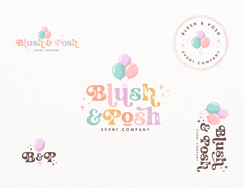 May include: A collection of Blush & Posh Event Company logos featuring pastel-colored balloons in mint, pink, and lavender. The designs include stylized typography with a distressed texture, small star accents, and circular branding elements.