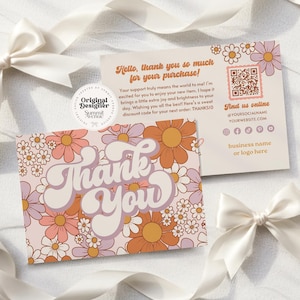 Cartão de agradecimento com flores retrô, embalagem comercial de agradecimento ao cliente editável e moderna, modelo de inserção de agradecimento DIY Groovy Canva, Pati