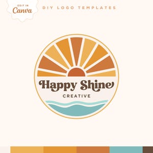Retro 70s Sun Logo Instant Download, Boho Sunshine Logo DIY Canva logo template,  Editable Sunset Logo, Small Business Logo, HappyShine