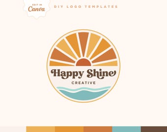 Retro 70s Sun Logo Instant Download, Boho Sunshine Logo DIY Canva logo template,  Editable Sunset Logo, Small Business Logo, HappyShine