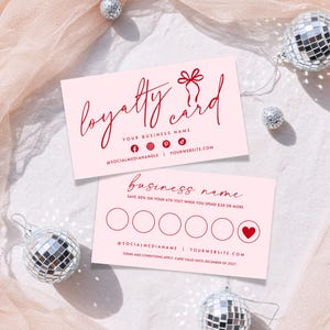 Modelo de cartão de fidelidade editável, cartão perfurado de cliente Coquette, cartão de desconto para impressão DIY, design de cartão de recompensas com laço rosa, cartão de carimbo de cliente