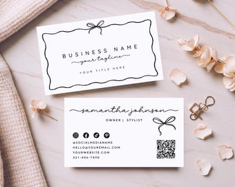 Black and white Business Card Template Canva QR Code, Trendy Bow Business Branding, Whimsical Feminine Editable Business Card Template Beau